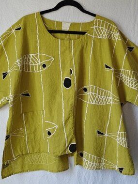 Lagenlook Linen-blend Top Artsy Art to wear Asymmetric Fish Design XXL